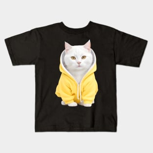 Beautiful white british shorthair wearing yellow hoodie Kids T-Shirt